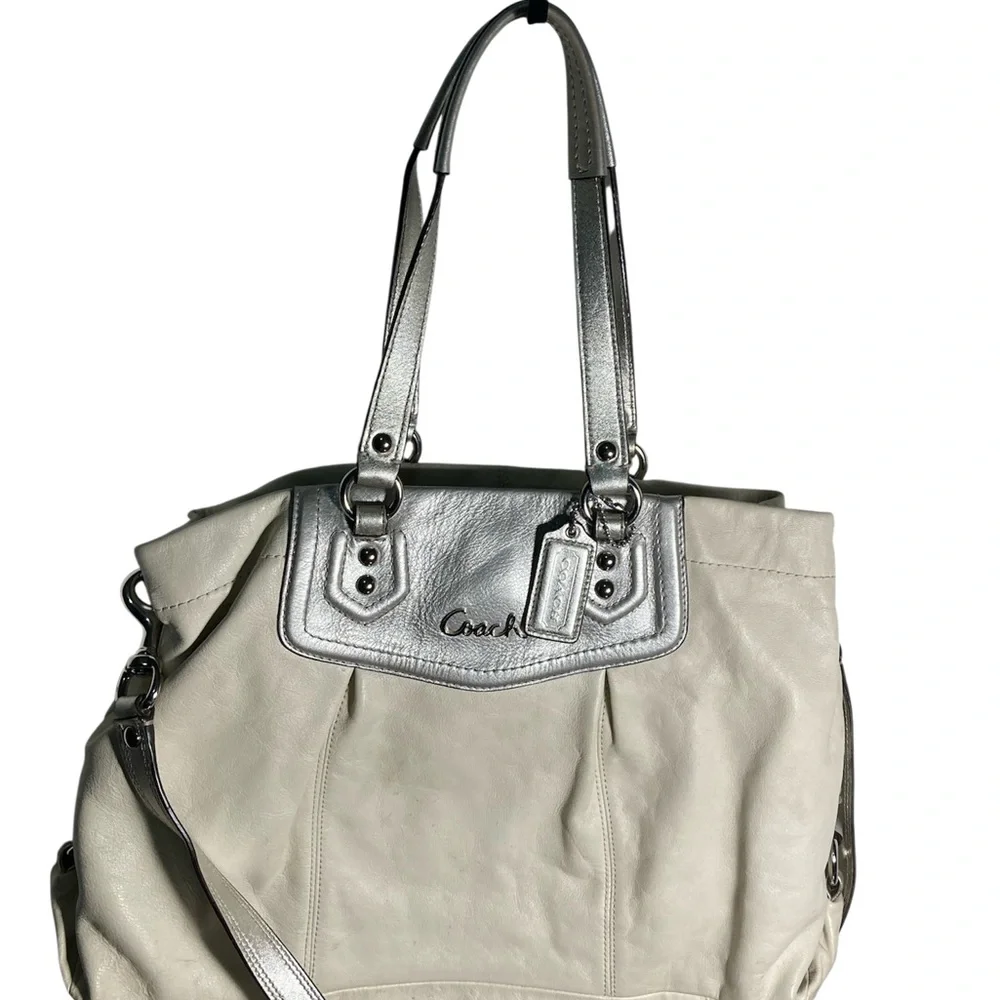 Coach Ashley Metallic Silver and white leather Tote shoulder Bag